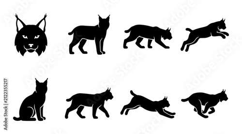 Lynx Silhouette Icons, Wild Cat Vector Set, Feline Animal Graphics, Hunting Predator Poses