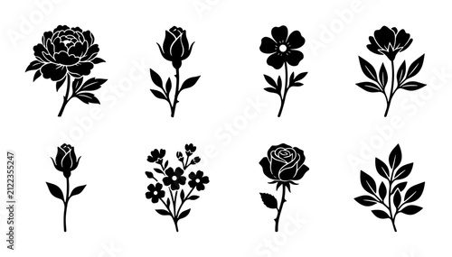 Elegant Black Floral Silhouettes, Vector Flower Icons, Botanical Illustrations, Decorative Elements
