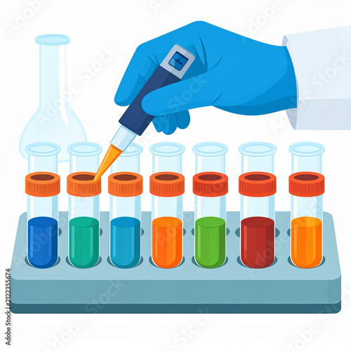 Digital Pipette and Test Tube Vials with Liquid Reagents Vector Science Illustration
