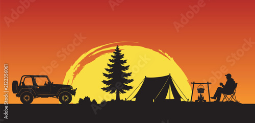 Horse and Camel Silhouettes in Desert Sunset Landscape Vector Illustration with Tree and Mountain Scenery