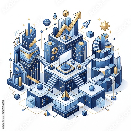 Business growth isometric concept. Digital transformation strategy with data analytics.