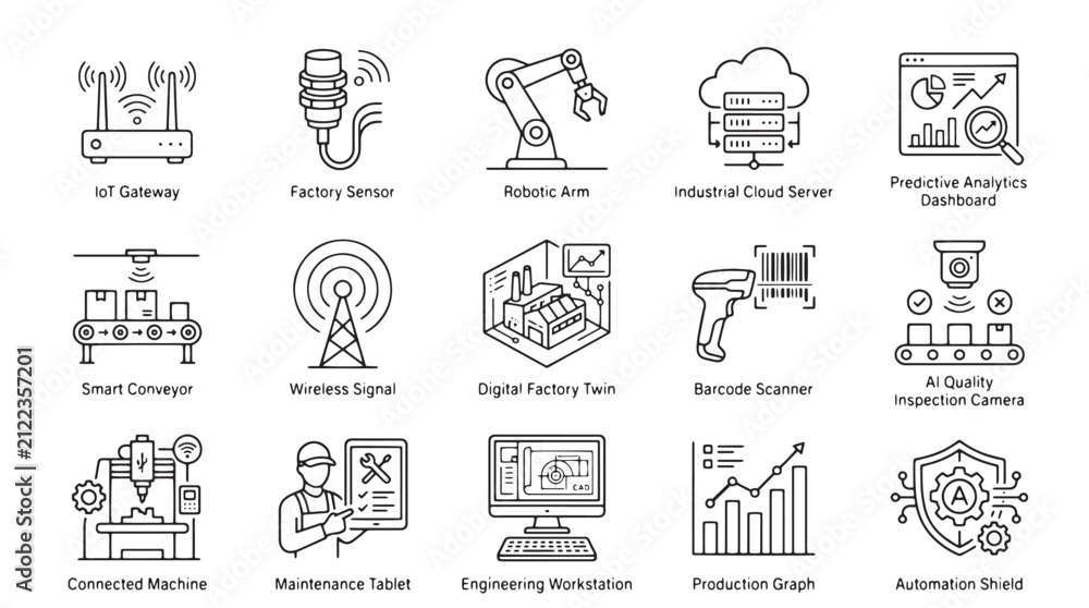 Fototapeta premium Industrial IoT and Smart Factory Icons, Set of 15 Line Vector Elements for Automation, Digital Manufacturing and Industry 4.0 Technology