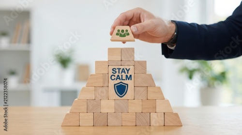Hand placing last piece on wooden block tower with stay calm message