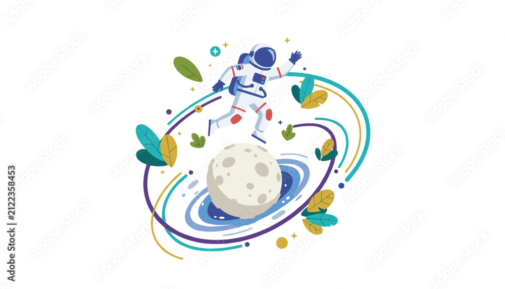 Naklejka premium Creative illustration of a cute cartoon astronaut running around the moon with colorful abstract orbital paths and green leaves.