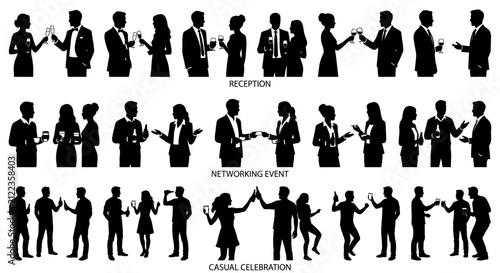 Social gathering silhouettes of people at reception networking and casual celebration events