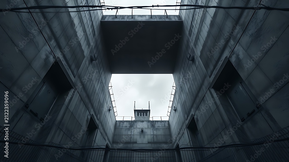 Obraz premium View looking up from a courtyard with concrete walls framing a gray sky.