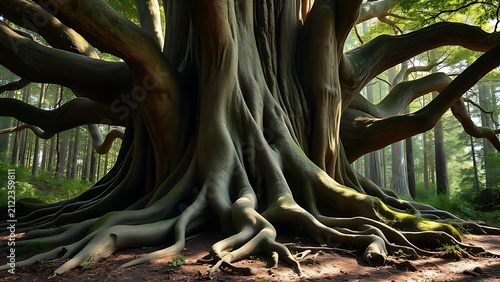 Massive ancient tree with sprawling roots on forest floor.