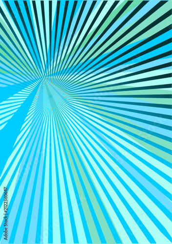 Abstract geometric artwork featuring radiant blue, cyan, teal, and mint rays converging into a dynamic vanishing point. A modern optical illusion with bold linear patterns, vibrant colors, and energet