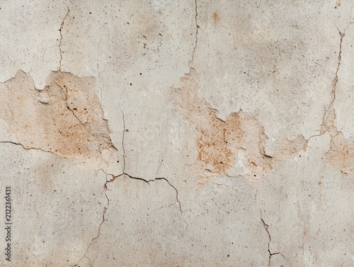close-up of an old, cracked, and weathered concrete wall with peeling paint and visible rust stains.