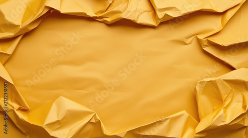 crumpled yellow paper background with wrinkled edges, creating a textured and artistic frame around the center.