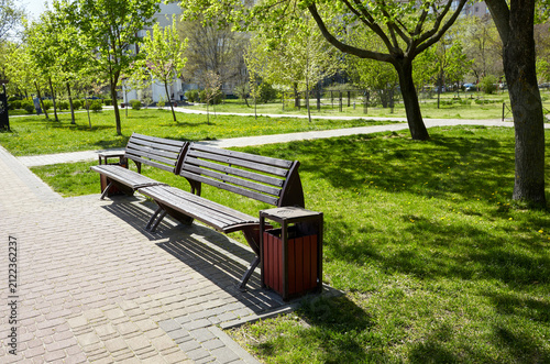 Rest area with benches surrounded by trees and ornamental shrubs in Kyiv, Europe. Place to rest in the city at spring
