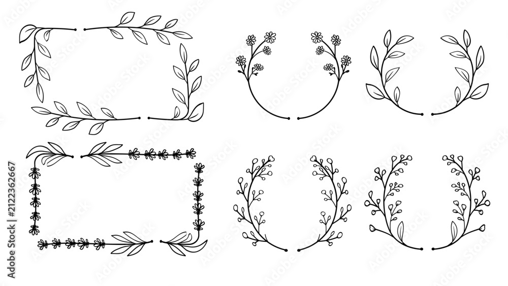Fototapeta premium Botanical Rectangle Border and Floral Wreath Line Art Set Vector Illustration