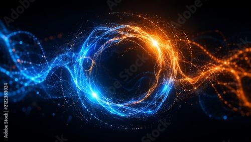 Abstract blue and orange particle waves form a glowing circular motion on a dark background, symbolizing energy, data flow, digital connectivity, innovation, and transformation.
