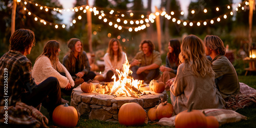 Cozy backyard bonfire gathering decorated with autumn pumpkins and warm string lights at dusk 