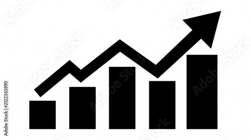 Business Growth Icon with Ascending Bar Chart and Upward Arrow, Black Silhouette Financial Success Symbol on White Background