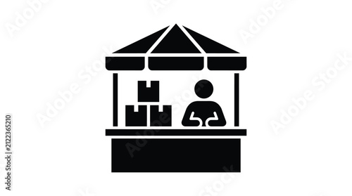 Minimalist black icon showing a street vendor standing behind a small counter with stacked cardboard boxes inside a stall