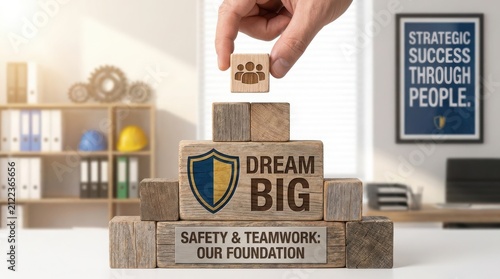 Hand placing wooden block on growing business tower with city background
