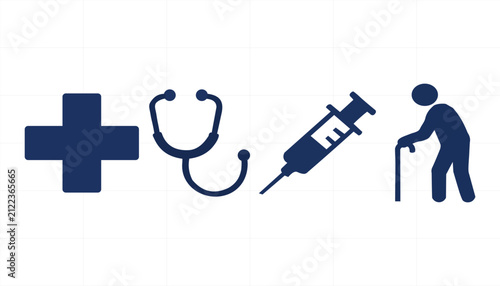 Medical healthcare icon set with cross, stethoscope, syringe and elderly patient vector illustration