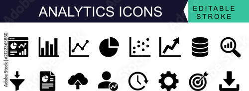 Robust collection of modern data analytics and business intelligence solid fill icons for reporting and strategic insights