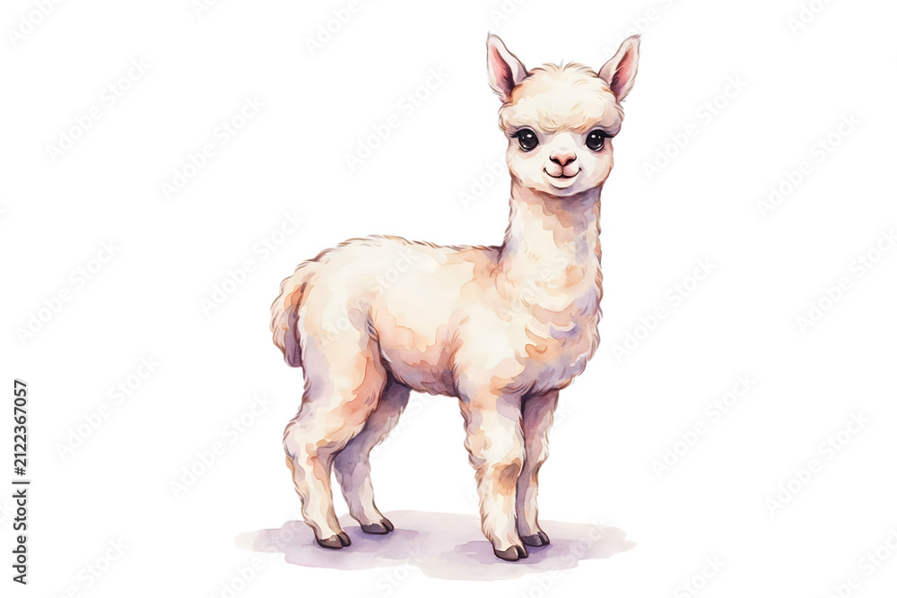 Fototapeta premium A cute baby alpaca standing on a soft white cloud, depicted in a soft watercolor painting style with a clean transparent background isolated