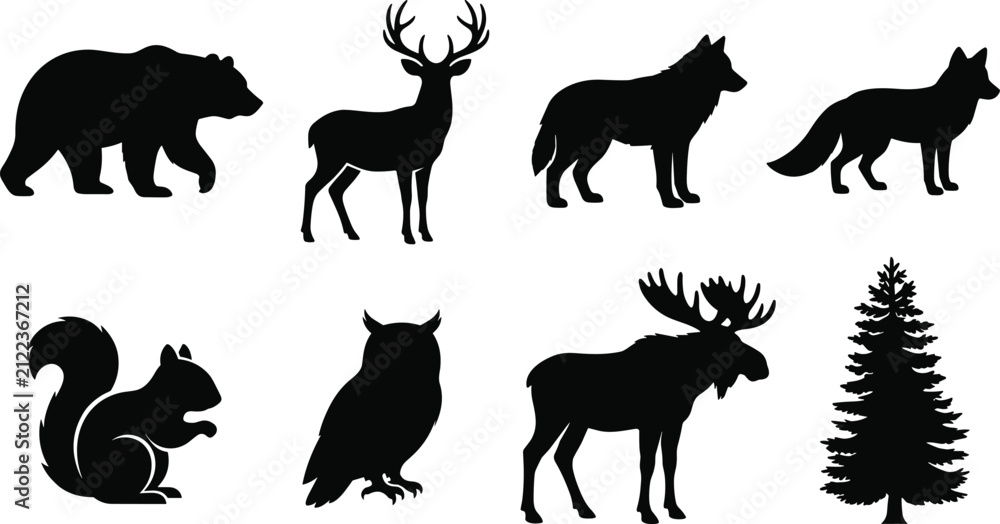 Obraz premium Black Silhouette Collection of Forest Animals and Tree for Wildlife and Nature Design