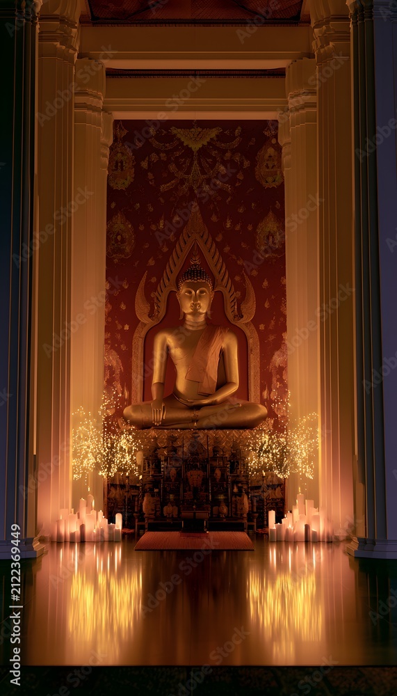 Fototapeta premium Serene golden Buddha statue glows within a tranquil temple bathed in soft candlelight