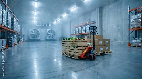 Industrial cold storage warehouse with pallet jack and vegetables