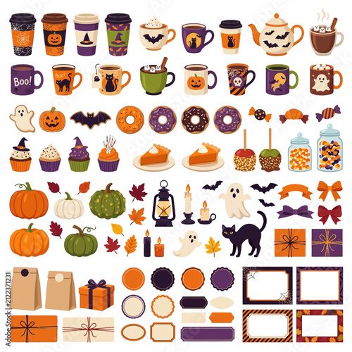 Halloween autumn food and drink vector collection, spooky holiday party icons with pumpkins and ghosts, cozy fall treats and coffee set isolated on White Background Halloween Editable EPS
