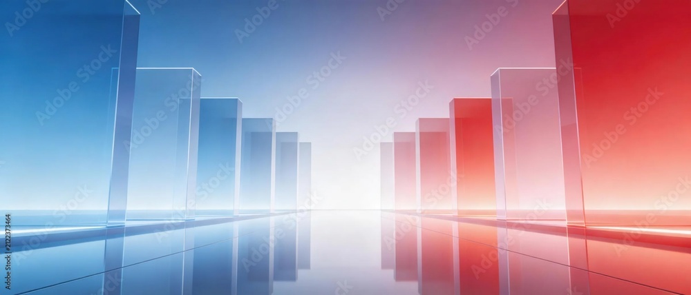 Fototapeta premium Symmetrical corridor made of transparent gradient glass blocks shifting from blue to red with bright glowing light at center represents business growth and balance concepts