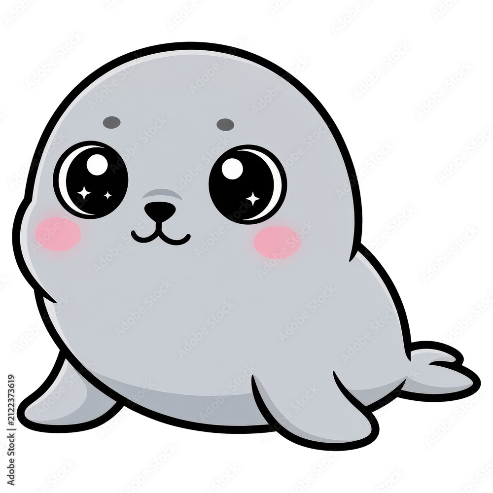 Fototapeta premium Cute Seal Illustration: A charming cartoon seal, with large, expressive eyes and rosy cheeks, is depicted in a friendly, approachable style. Its smooth gray body and small flippers give it a playful.