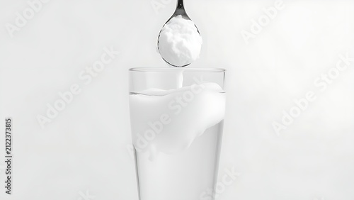 Spoonful of cornstarch falling into a glass of water, creating a swirling opaque cloud against a plain background.