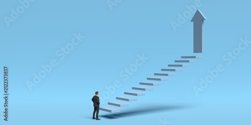 Business man in front of stairs with arrow at end over blue background, career success or progress business concept