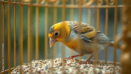 A canary in a gilded cage pecking at birdseed, ornate details.