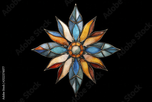 Stained glass star design featuring vibrant colors and intricate patterns, showcasing artistic craftsmanship and beauty