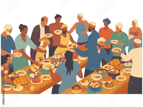 Diverse group of people sharing a communal meal