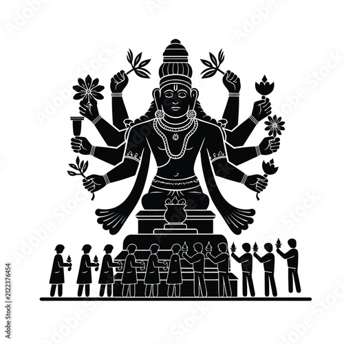 Hindu Deity Statue with Worshippers Vector Illustration in Black Color with White Background.