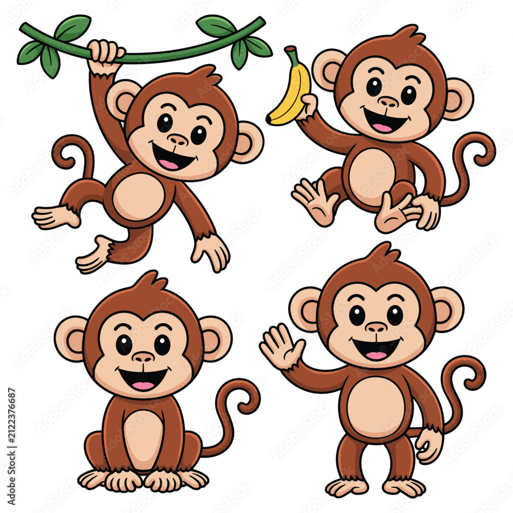 Fototapeta premium Four cartoon monkeys with banana and branch vector illustration