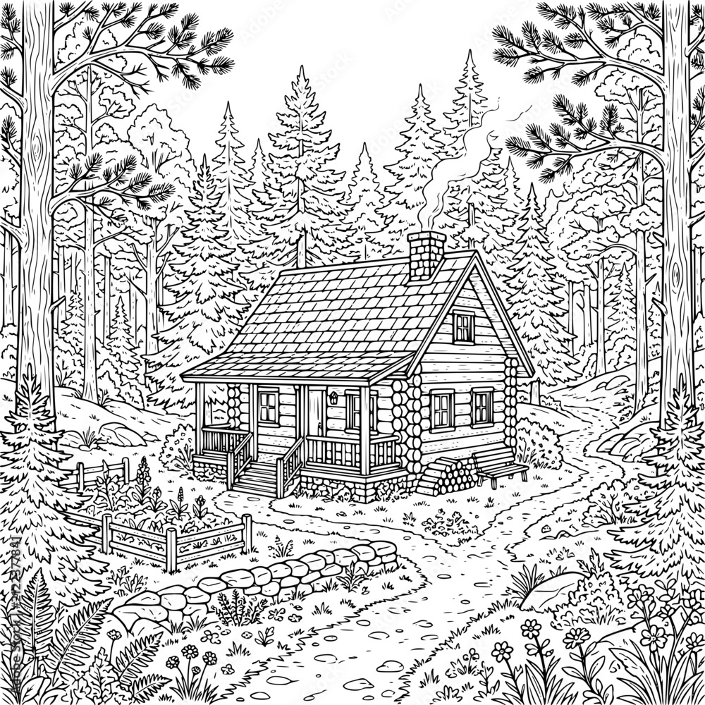 Fototapeta premium Cozy Log Cabin in Pine Forest Coloring Page for Adults