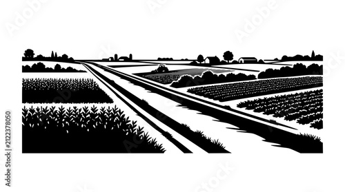 Black and white minimalist farm landscape with fields and rural road