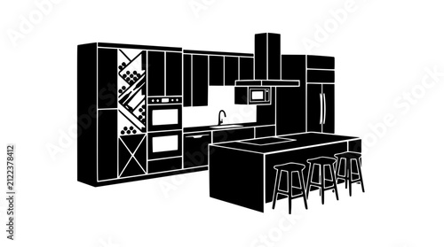 Modern kitchen interior silhouette with island and appliances
