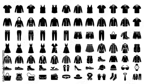 Set of various black clothing icons including shirts pants dresses shoes and accessories for fashion design projects