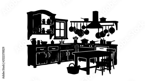 Rustic Kitchen Interior Silhouette with Hanging Pots and Dining Table