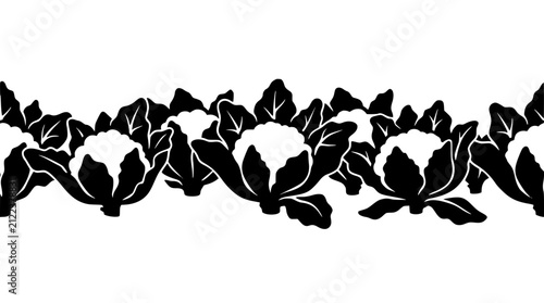 Seamless horizontal border pattern with black and white cauliflower silhouettes