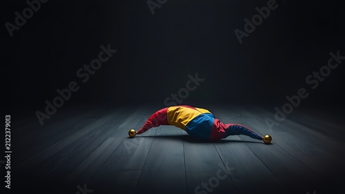 Bright jester's cap with bells on dark wooden stage floor, spotlight, melancholic.