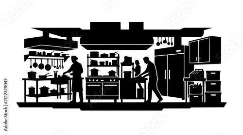 Silhouette of a Professional Commercial Restaurant Kitchen with Chefs at Work