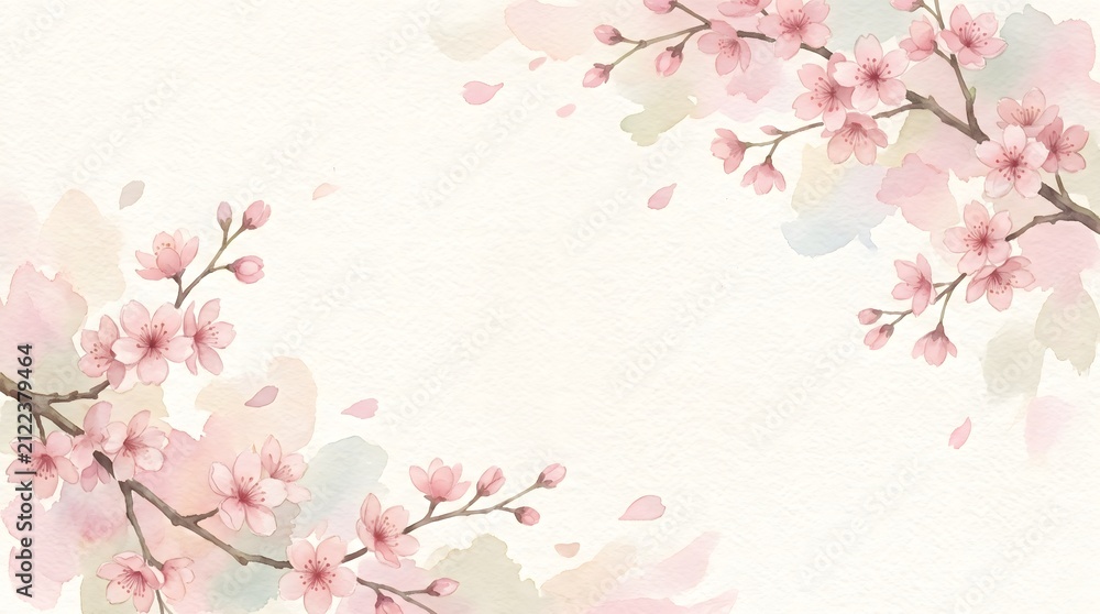Fototapeta premium Watercolor cherry blossom branches with pink flowers and falling petals background frame.
