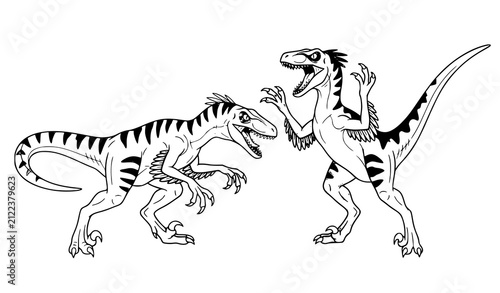Принти на полотні Black and white line art illustration of two aggressive velociraptor dinosaurs s