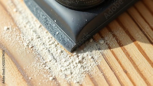 Sandpaper creating abrasion marks on wood plank with dust particles.