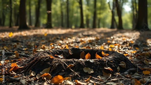 Earthen pit half-covered by leaves in a forest, insects flying.