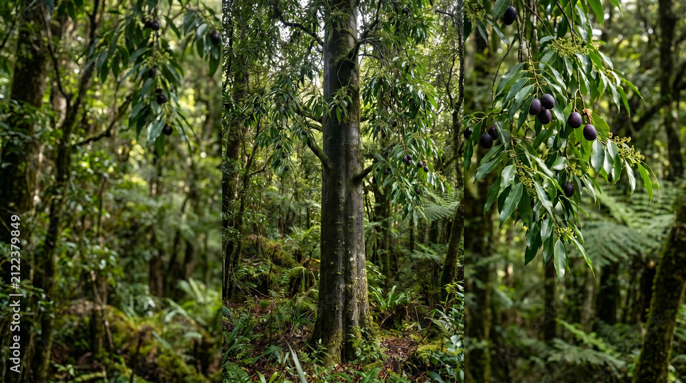 Fototapeta premium Tall dark tree trunk surrounded by lush green rainforest foliage with small purple fruit hanging down